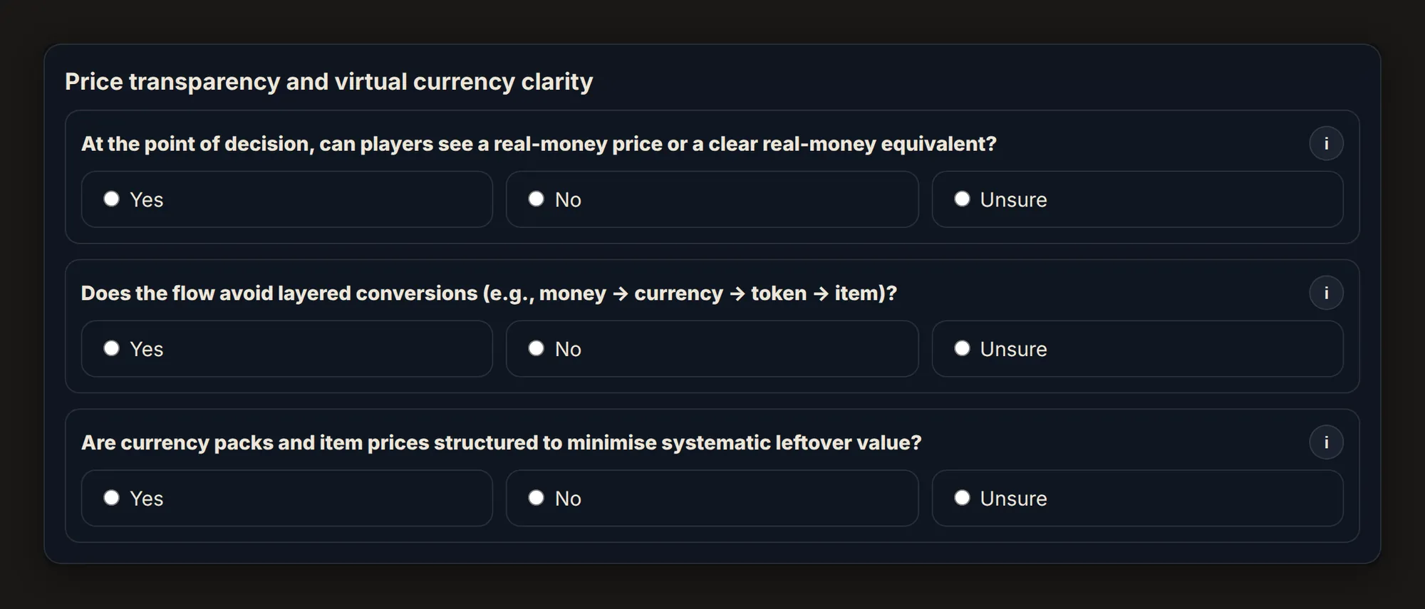 Three guided questions from the price transparency and virtual currency clarity domain, each answered with Yes, No or Unsure.