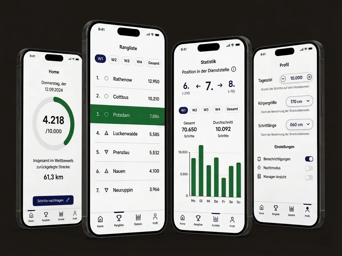 Participant app screens side by side: home progress, the office ranking, personal statistics and profile.